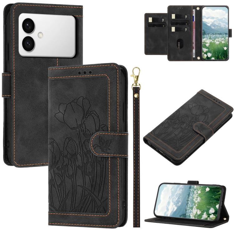 Custodia in pelle goffrata con tulipani e cordino per Samsung Galaxy S26 FE