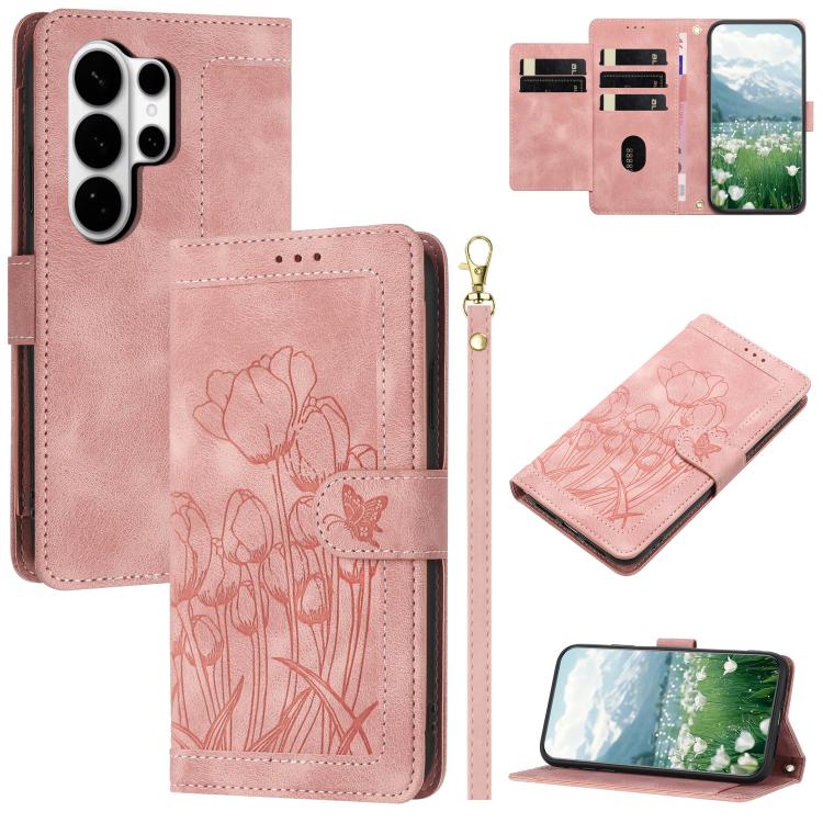Custodia in pelle goffrata con tulipani e cordino per Samsung Galaxy S26 FE