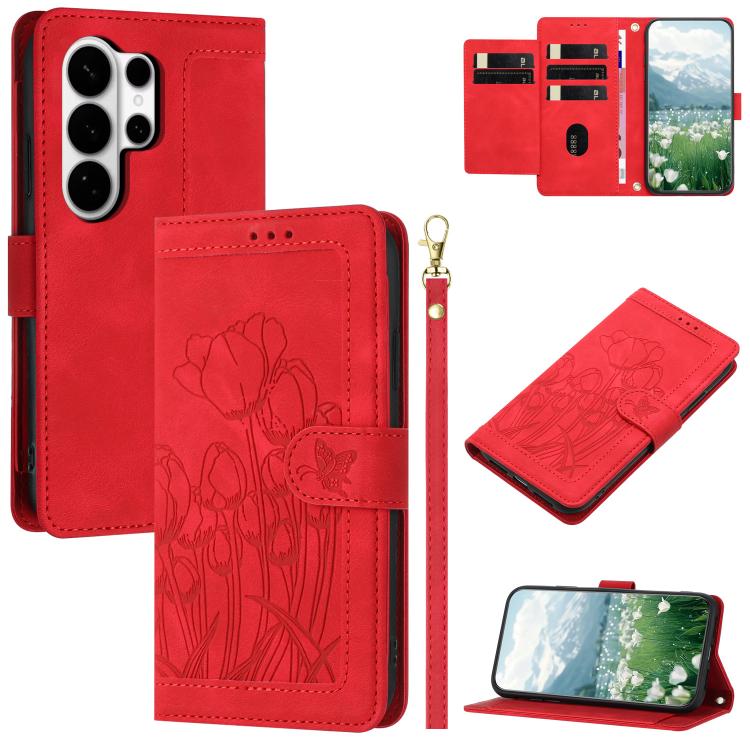 Custodia in pelle goffrata con tulipani e cordino per Samsung Galaxy S26 FE