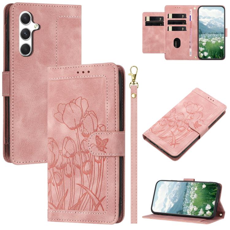 Custodia in pelle goffrata con tulipani e cordino per Samsung Galaxy S26 FE
