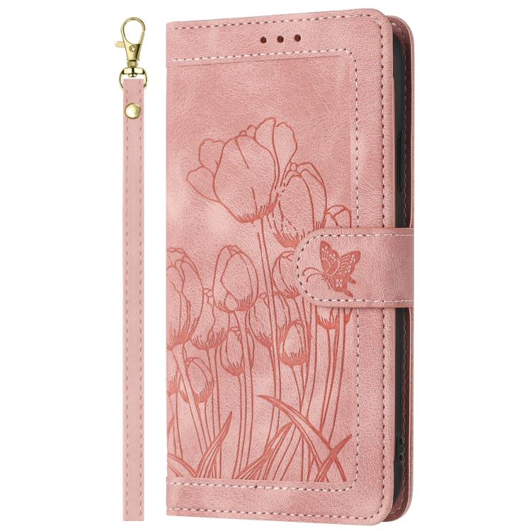 Custodia in pelle goffrata con tulipani e cordino per Samsung Galaxy S26 FE