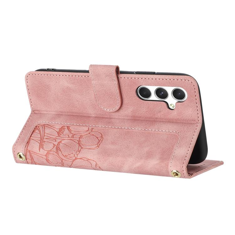 Custodia in pelle goffrata con tulipani e cordino per Samsung Galaxy S26 FE