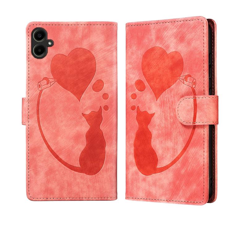 Custodia in pelle goffrata con motivo cuore e gatto per Samsung Galaxy A57, A37