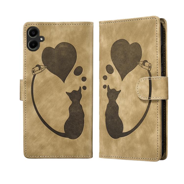 Custodia in pelle goffrata con motivo cuore e gatto per Samsung Galaxy A57, A37