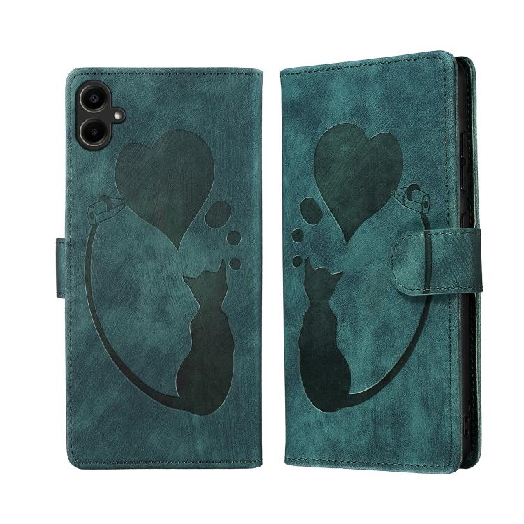 Custodia in pelle goffrata con motivo cuore e gatto per Samsung Galaxy A57, A37