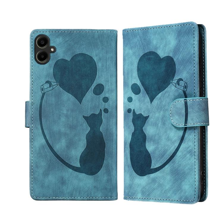 Custodia in pelle goffrata con motivo cuore e gatto per Samsung Galaxy A57, A37