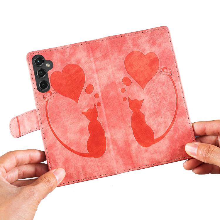 Custodia in pelle goffrata con motivo cuore e gatto per Samsung Galaxy A57, A37