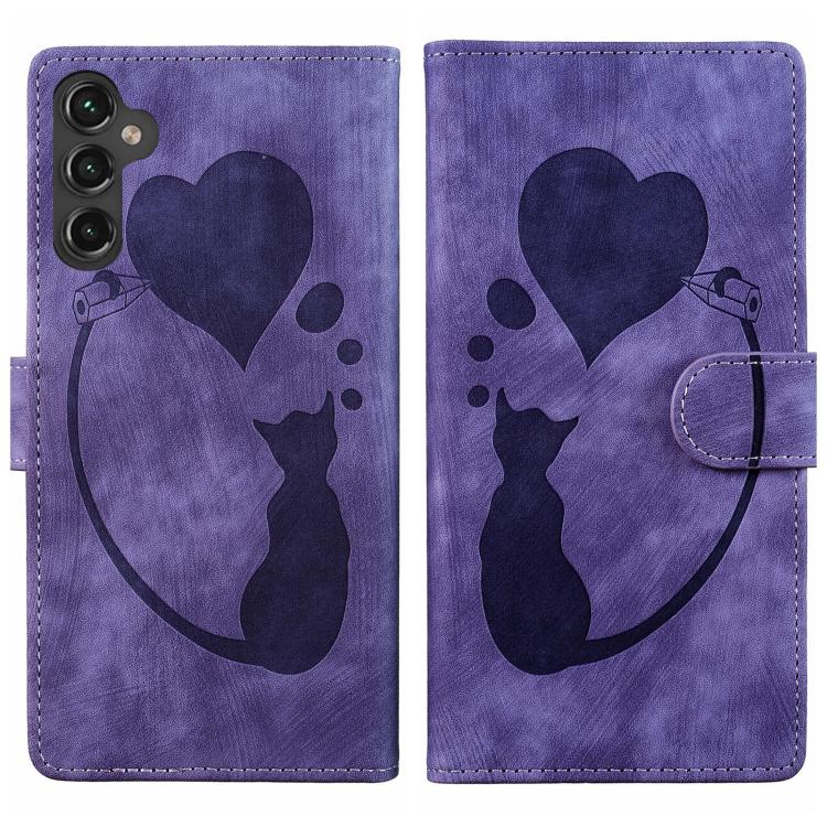 Custodia in pelle goffrata con motivo cuore e gatto per Samsung Galaxy A57, A37