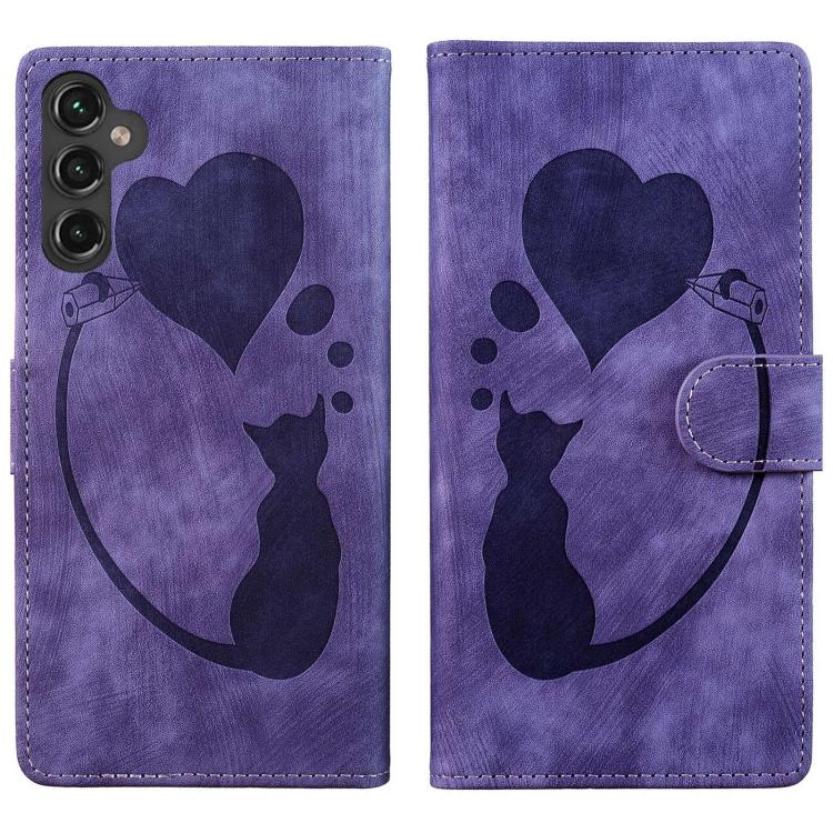 Custodia in pelle goffrata con motivo cuore e gatto per Samsung Galaxy A57, A37