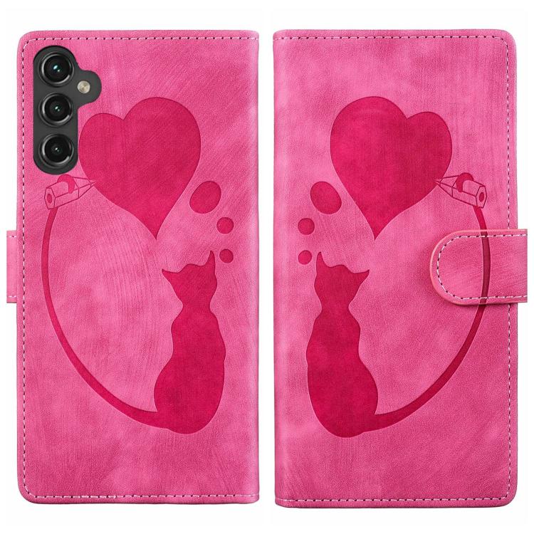 Custodia in pelle goffrata con motivo cuore e gatto per Samsung Galaxy A57, A37