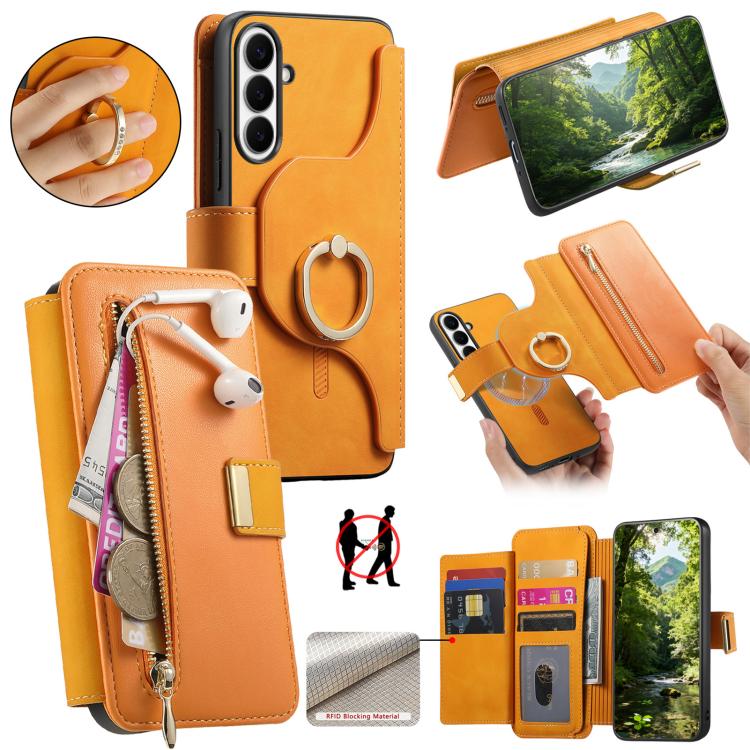Portafoglio con cerniera ad anello, protezione RFID, custodia per telefono in pelle MagSafe, For Galaxy S25 FE 5G, For Galaxy S25 Edge 5G, For Galaxy S24 FE 5G
