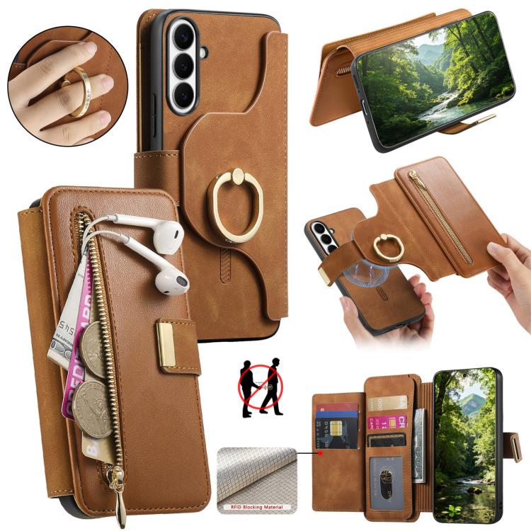 Portafoglio con cerniera ad anello, protezione RFID, custodia per telefono in pelle MagSafe, For Galaxy S25 FE 5G, For Galaxy S25 Edge 5G, For Galaxy S24 FE 5G