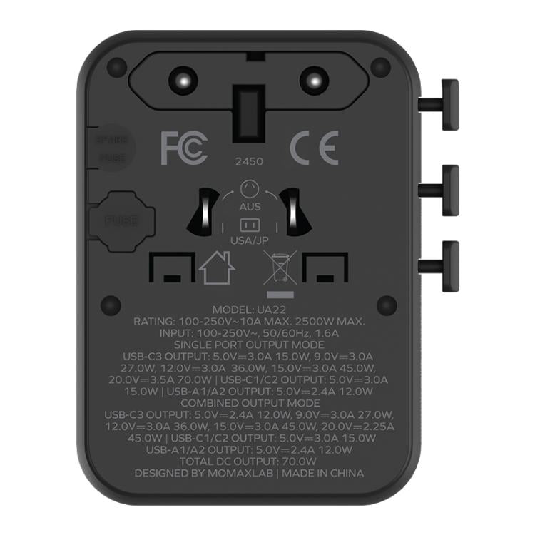 Caricabatterie da viaggio MOMAX UA22 GaN 70 W con doppia presa AC - immagine 3