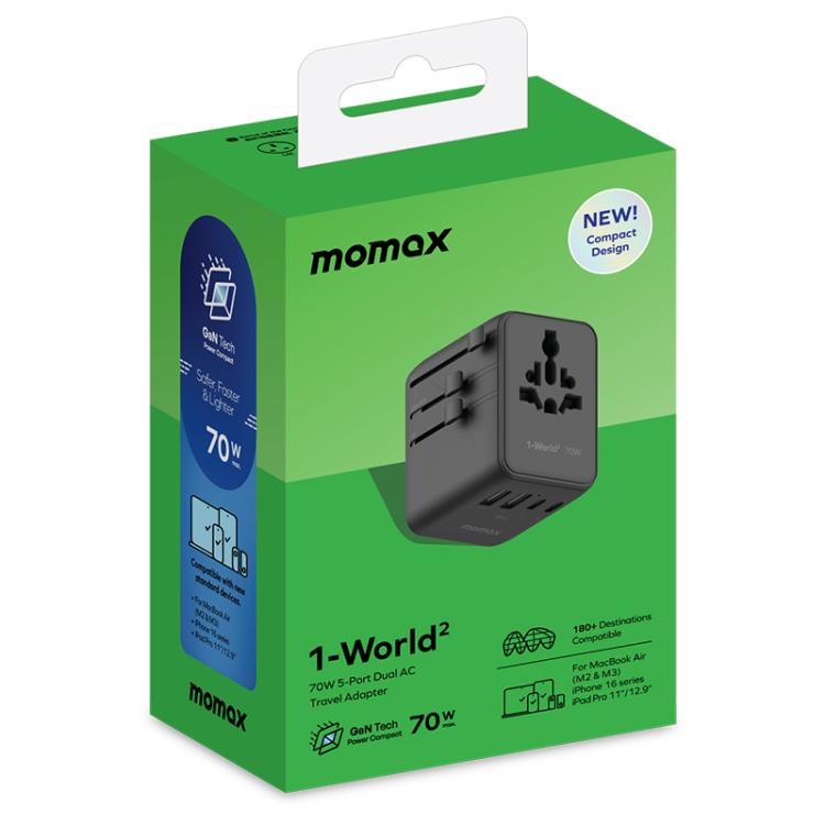 Caricabatterie da viaggio MOMAX UA22 GaN 70 W con doppia presa AC - immagine 6