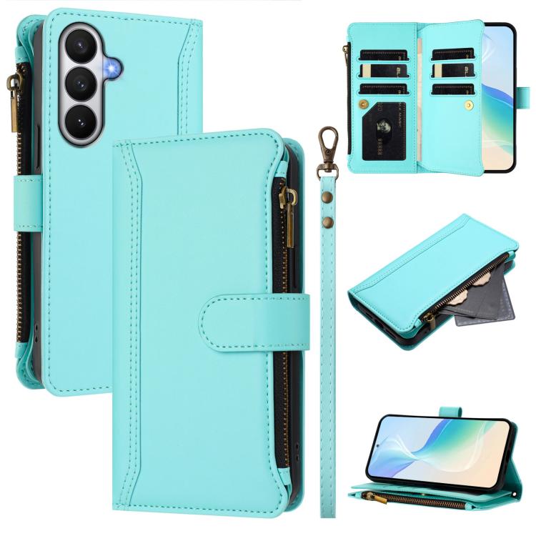 Custodia in pelle con chiusura magnetica, 9 scomparti per carte e cerniera, con cinturino da polso., For Samsung Galaxy S26+ 5G, For Samsung Galaxy S26 Edge 5G, For Samsung Galaxy S26 Ultra 5G, For Samsung Galaxy S26 5G