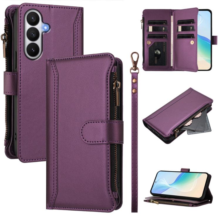 Custodia in pelle con chiusura magnetica, 9 scomparti per carte e cerniera, con cinturino da polso., For Samsung Galaxy S26+ 5G, For Samsung Galaxy S26 Edge 5G, For Samsung Galaxy S26 Ultra 5G, For Samsung Galaxy S26 5G