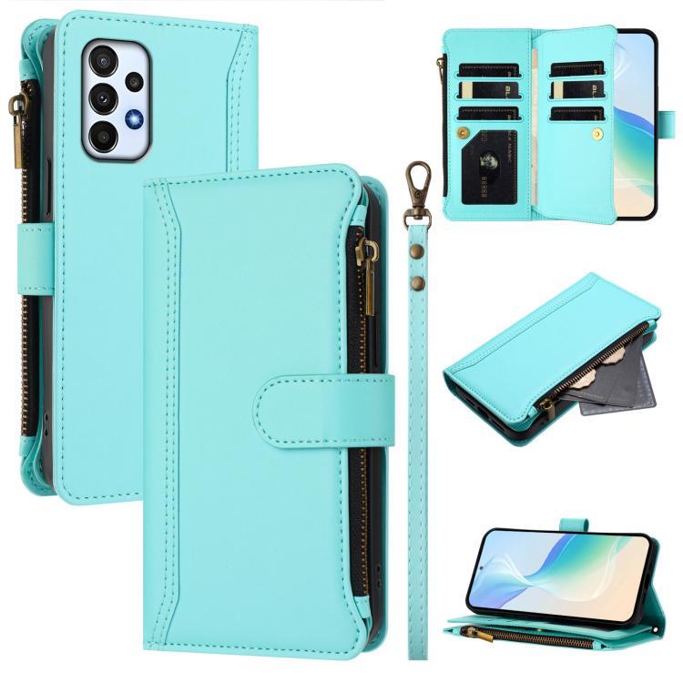 Custodia in pelle con chiusura magnetica, 9 scomparti per carte e cerniera, con cinturino da polso., For Samsung Galaxy A24 4G, For Samsung Galaxy A23 5G / 4G / M23, For Samsung Galaxy A32 5G / M32 5G, For Samsung Galaxy A04 Core / A03 Core