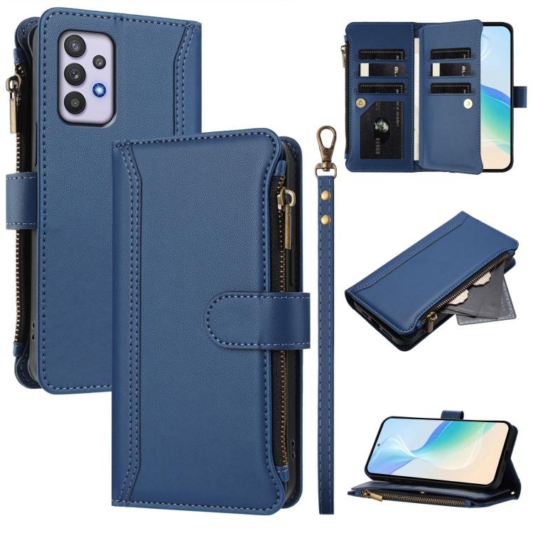 Custodia in pelle con chiusura magnetica, 9 scomparti per carte e cerniera, con cinturino da polso., For Samsung Galaxy A42 5G / M42 5G, For Samsung Galaxy A32 4G, For Samsung Galaxy A02 / M02, For Samsung Galaxy A72 5G / 4G