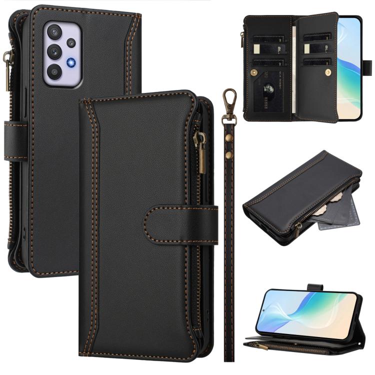 Custodia in pelle con chiusura magnetica, 9 scomparti per carte e cerniera, con cinturino da polso., For Samsung Galaxy A42 5G / M42 5G, For Samsung Galaxy A32 4G, For Samsung Galaxy A02 / M02, For Samsung Galaxy A72 5G / 4G