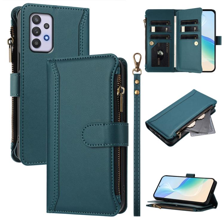 Custodia in pelle con chiusura magnetica, 9 scomparti per carte e cerniera, con cinturino da polso., For Samsung Galaxy A42 5G / M42 5G, For Samsung Galaxy A32 4G, For Samsung Galaxy A02 / M02, For Samsung Galaxy A72 5G / 4G