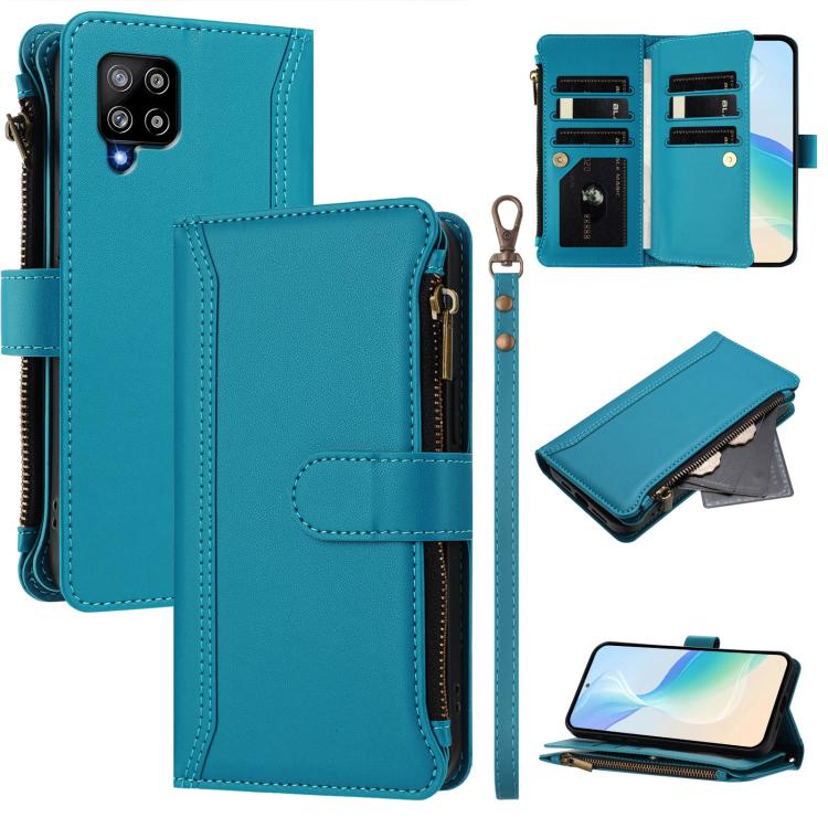 Custodia in pelle con chiusura magnetica, 9 scomparti per carte e cerniera, con cinturino da polso., For Samsung Galaxy A42 5G / M42 5G, For Samsung Galaxy A32 4G, For Samsung Galaxy A02 / M02, For Samsung Galaxy A72 5G / 4G
