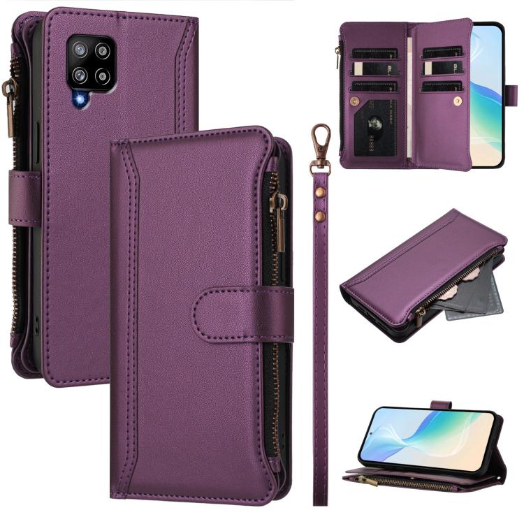Custodia in pelle con chiusura magnetica, 9 scomparti per carte e cerniera, con cinturino da polso., For Samsung Galaxy A42 5G / M42 5G, For Samsung Galaxy A32 4G, For Samsung Galaxy A02 / M02, For Samsung Galaxy A72 5G / 4G