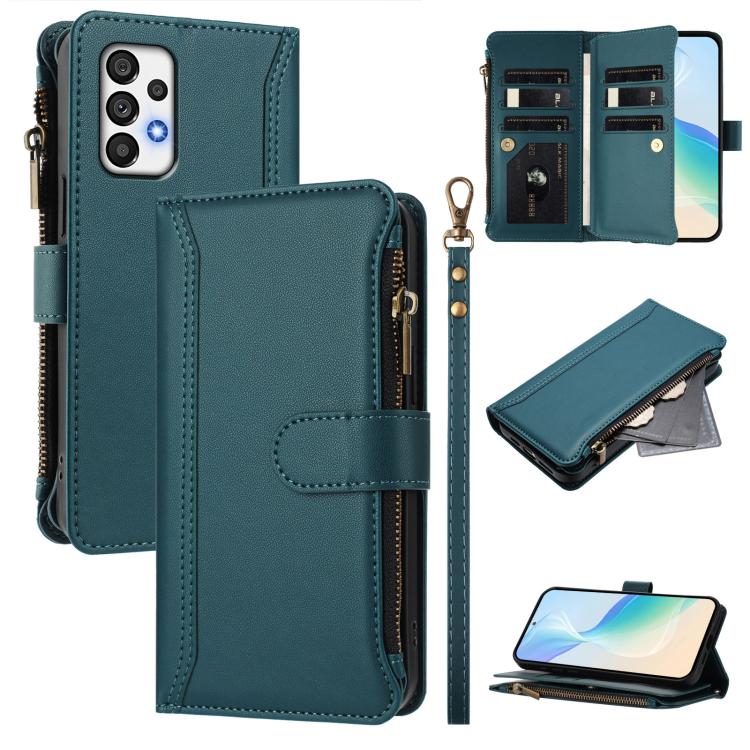 Custodia in pelle con chiusura magnetica, 9 scomparti per carte e cerniera, con cinturino da polso., For Samsung Galaxy A42 5G / M42 5G, For Samsung Galaxy A32 4G, For Samsung Galaxy A02 / M02, For Samsung Galaxy A72 5G / 4G