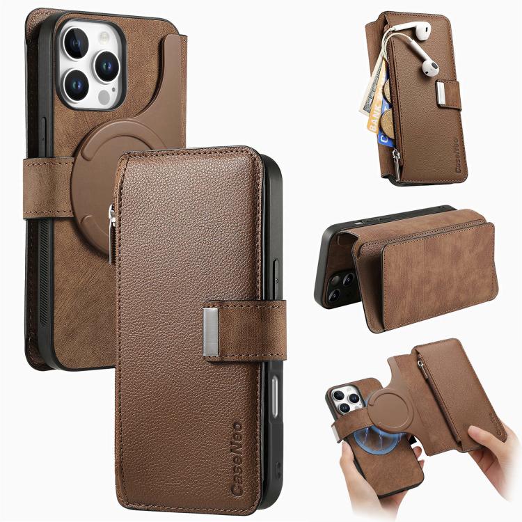 Custodia per telefono CaseNeo MagSafe RFID antifurto con cerniera e portafoglio in pelle stile retrò, For iPhone Air, For iPhone 16 Pro Max, For iPhone 16 Pro, For iPhone 16 Plus