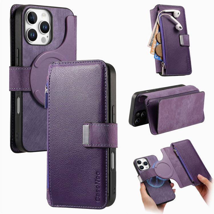Custodia per telefono CaseNeo MagSafe RFID antifurto con cerniera e portafoglio in pelle stile retrò, For iPhone Air, For iPhone 16 Pro Max, For iPhone 16 Pro, For iPhone 16 Plus