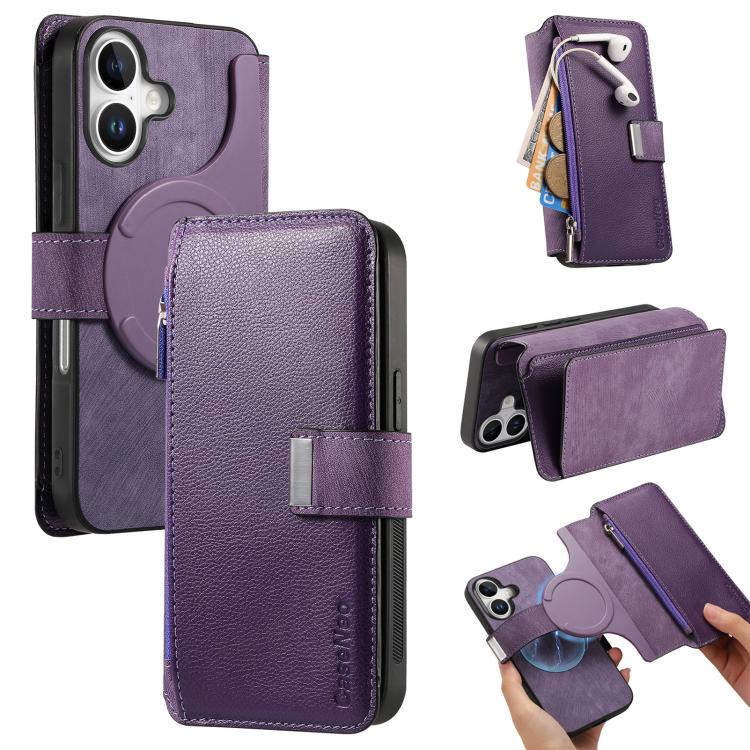 Custodia per telefono CaseNeo MagSafe RFID antifurto con cerniera e portafoglio in pelle stile retrò, For iPhone Air, For iPhone 16 Pro Max, For iPhone 16 Pro, For iPhone 16 Plus