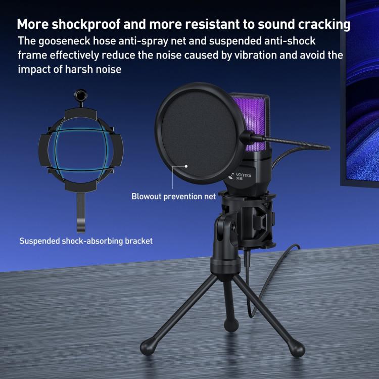 Microfono da tavolo Yanmai SF-777R con illuminazione RGB, riduzione del rumore e rete anti-spruzzo., SF-777R