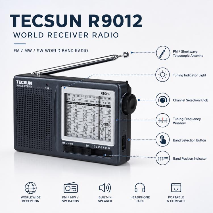 Radio FM portatile a banda completa Tecsun R-9012, R-9012