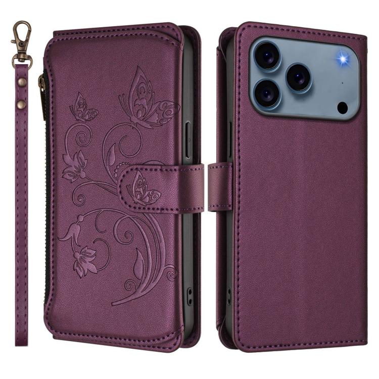 Portafoglio multi-carta con cerniera e motivo farfalla, amore e fiore, custodia per telefono in pelle, For iPhone 17e / 16e, For iPhone 17 Pro Max, For iPhone 17 Pro