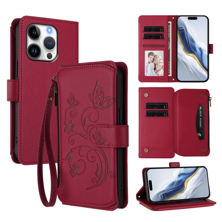 Portafoglio multi-carta con cerniera e motivo farfalla, amore e fiore, custodia per telefono in pelle, For iPhone 16 Pro, For iPhone 16 Plus, For iPhone 16