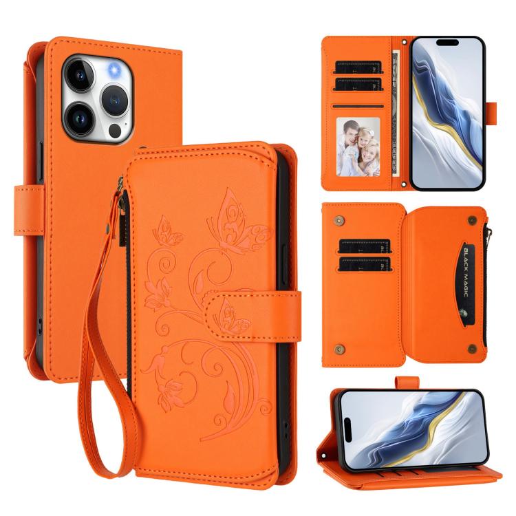 Portafoglio multi-carta con cerniera e motivo farfalla, amore e fiore, custodia per telefono in pelle, For iPhone 16 Pro, For iPhone 16 Plus, For iPhone 16
