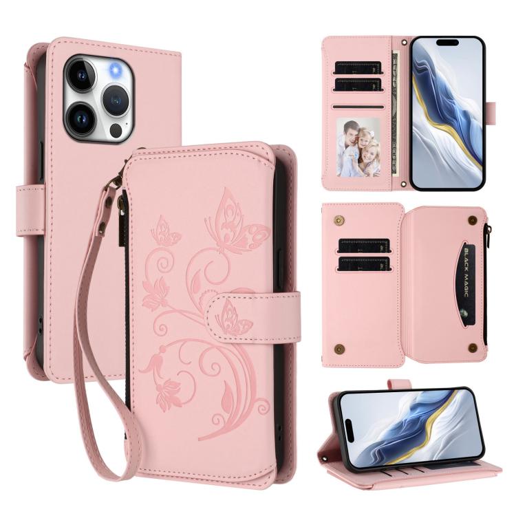 Portafoglio multi-carta con cerniera e motivo farfalla, amore e fiore, custodia per telefono in pelle, For iPhone 16 Pro, For iPhone 16 Plus, For iPhone 16