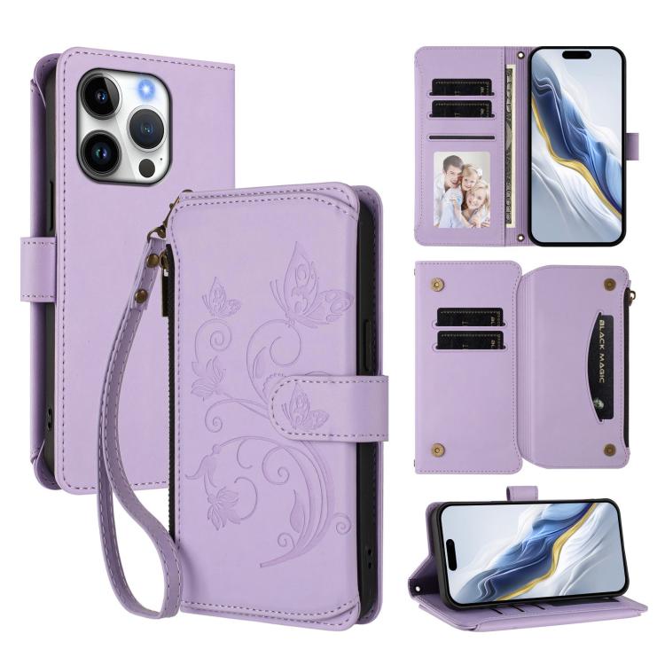 Portafoglio multi-carta con cerniera e motivo farfalla, amore e fiore, custodia per telefono in pelle, For iPhone 16 Pro, For iPhone 16 Plus, For iPhone 16