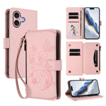 Portafoglio multi-carta con cerniera e motivo farfalla, amore e fiore, custodia per telefono in pelle, For iPhone 16 Pro, For iPhone 16 Plus, For iPhone 16
