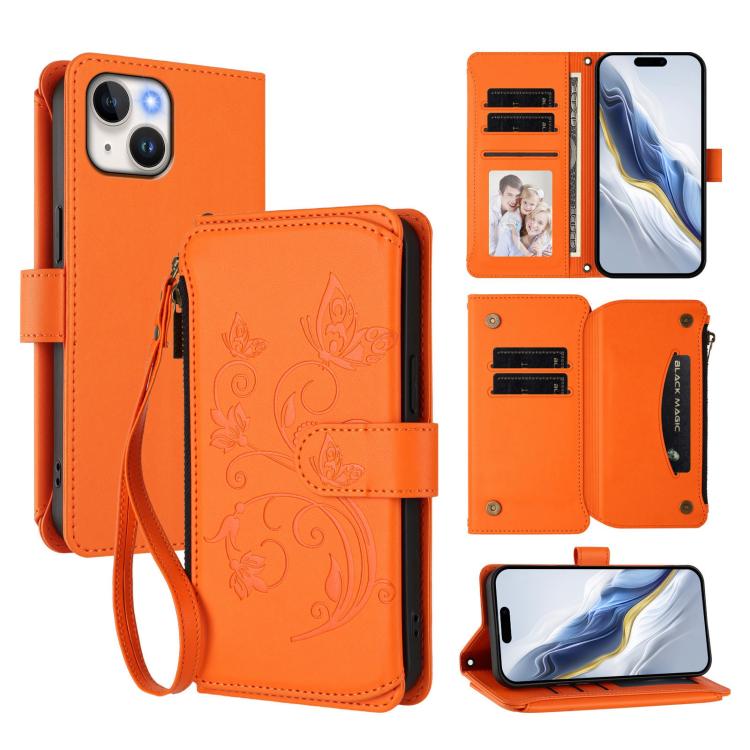 Portafoglio multi-carta con cerniera e motivo farfalla, amore e fiore, custodia per telefono in pelle, For iPhone 15, For iPhone 14 Plus, For iPhone 14 / 13
