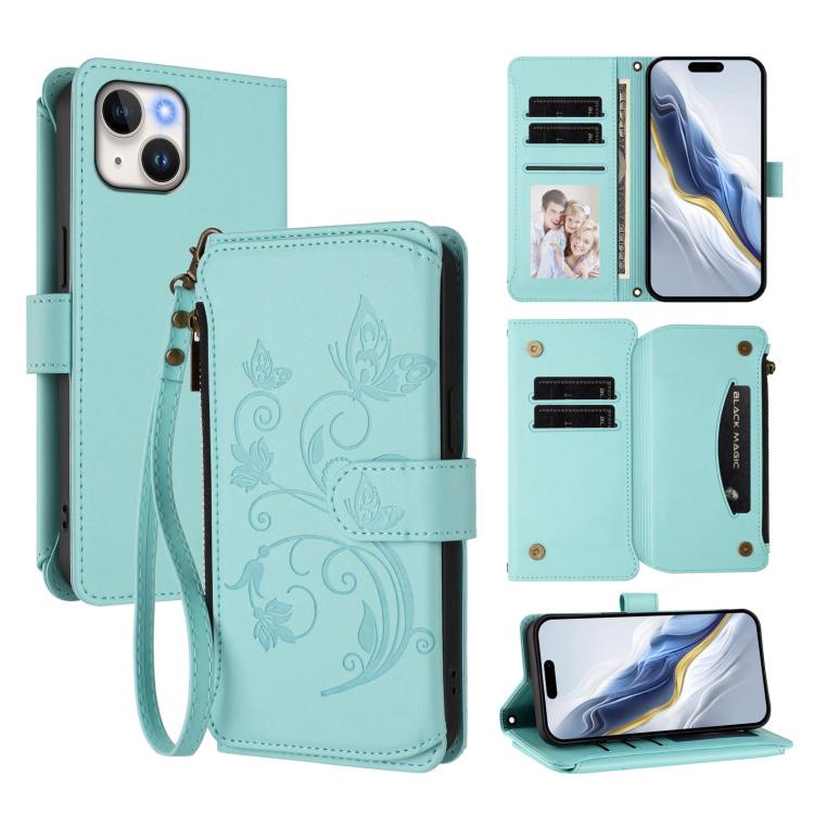 Portafoglio multi-carta con cerniera e motivo farfalla, amore e fiore, custodia per telefono in pelle, For iPhone 15, For iPhone 14 Plus, For iPhone 14 / 13