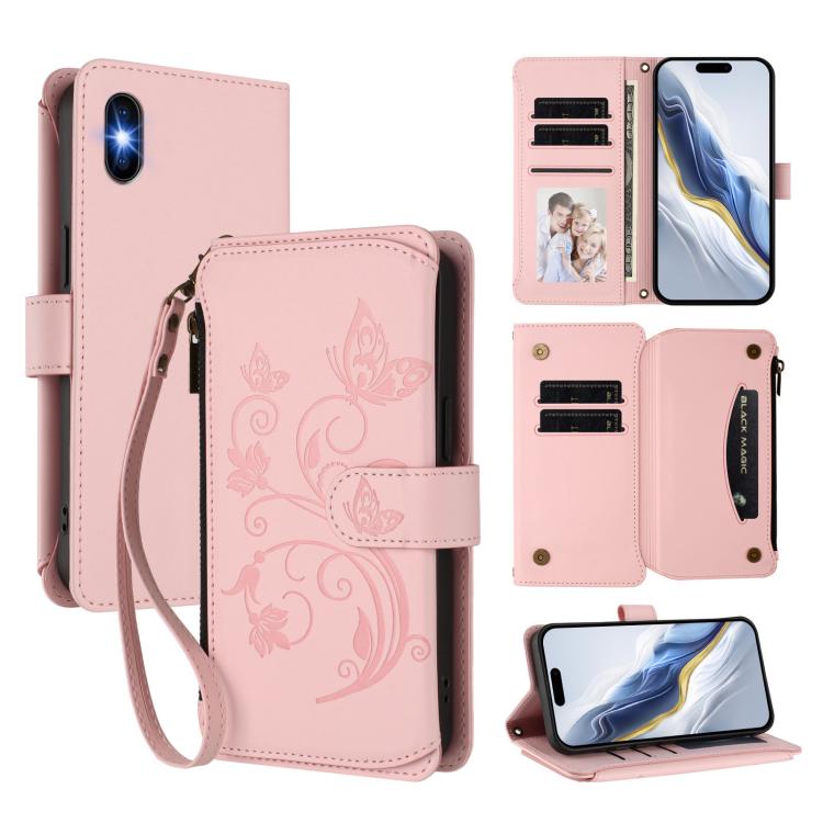 Portafoglio multi-carta con cerniera e motivo farfalla, amore e fiore, custodia per telefono in pelle, For iPhone X / XS, For iPhone XR, For iPhone XS Max