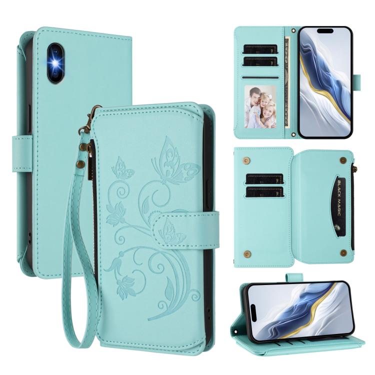 Portafoglio multi-carta con cerniera e motivo farfalla, amore e fiore, custodia per telefono in pelle, For iPhone X / XS, For iPhone XR, For iPhone XS Max