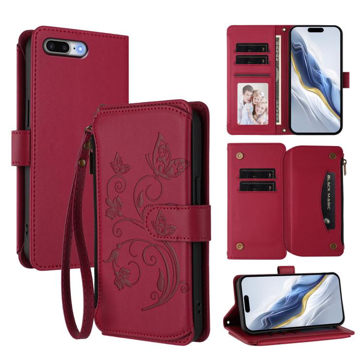 Portafoglio multi-carta con cerniera e motivo farfalla, amore e fiore, custodia per telefono in pelle, For iPhone 7 Plus / 8 Plus