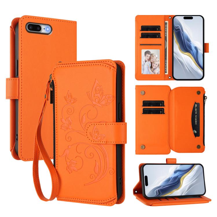 Portafoglio multi-carta con cerniera e motivo farfalla, amore e fiore, custodia per telefono in pelle, For iPhone 7 Plus / 8 Plus