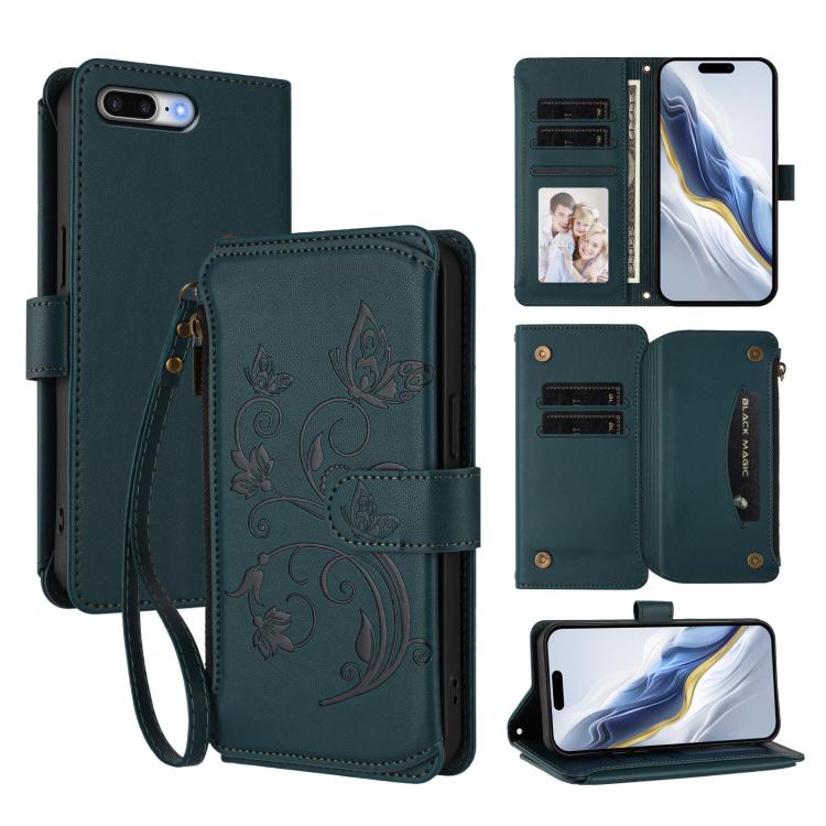 Portafoglio multi-carta con cerniera e motivo farfalla, amore e fiore, custodia per telefono in pelle, For iPhone 7 Plus / 8 Plus