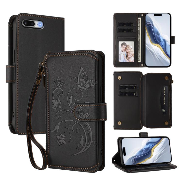 Portafoglio multi-carta con cerniera e motivo farfalla, amore e fiore, custodia per telefono in pelle, For iPhone 7 Plus / 8 Plus