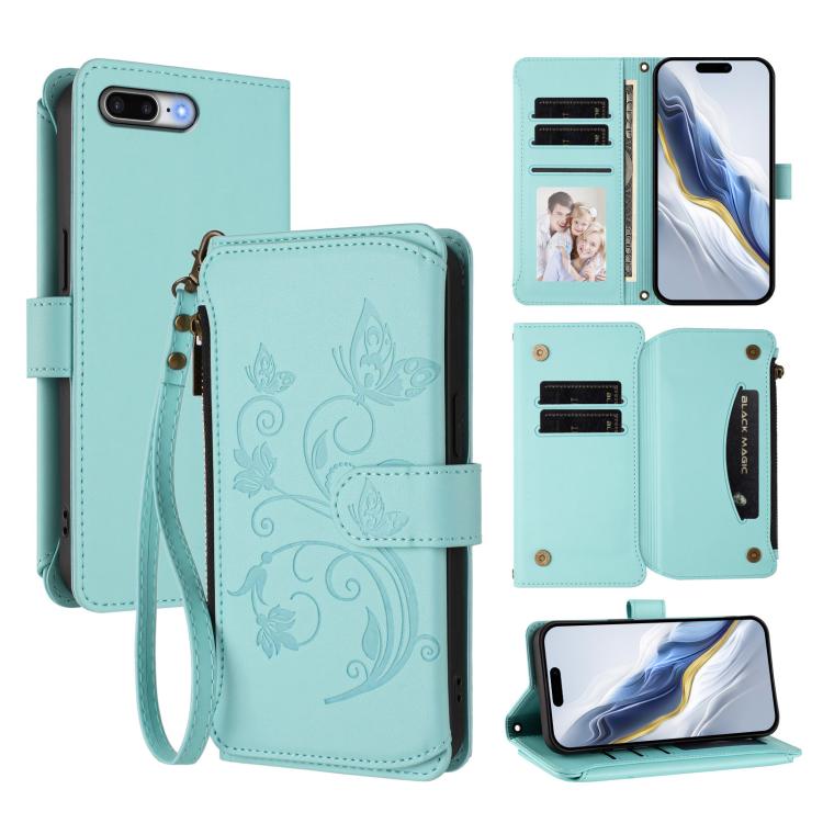 Portafoglio multi-carta con cerniera e motivo farfalla, amore e fiore, custodia per telefono in pelle, For iPhone 7 Plus / 8 Plus
