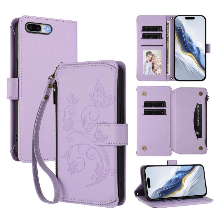 Portafoglio multi-carta con cerniera e motivo farfalla, amore e fiore, custodia per telefono in pelle, For iPhone 7 Plus / 8 Plus