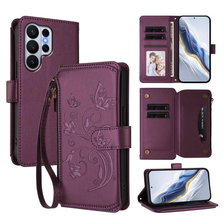 Portafoglio multi-carta con cerniera e motivo farfalla per Galaxy S26 Ultra, S26