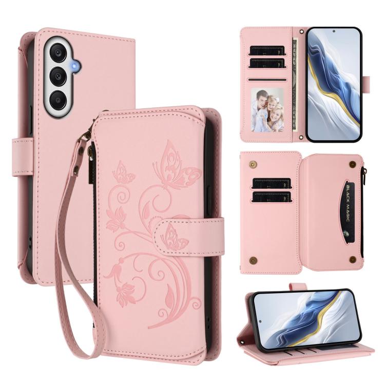 Portafoglio multi-carta con cerniera e motivo farfalla per Samsung Galaxy A05s